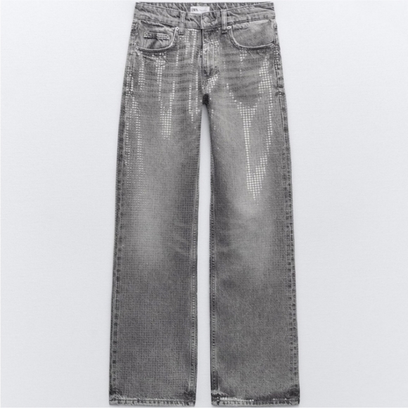 ZARA WIDE LEG SEQUIN FOIL JEANS - Picture 10 of 11